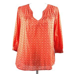 Gap Women's Orange 3/4 Sleeve V Neck Blouse ~ lightweight All Over Print Shirt S